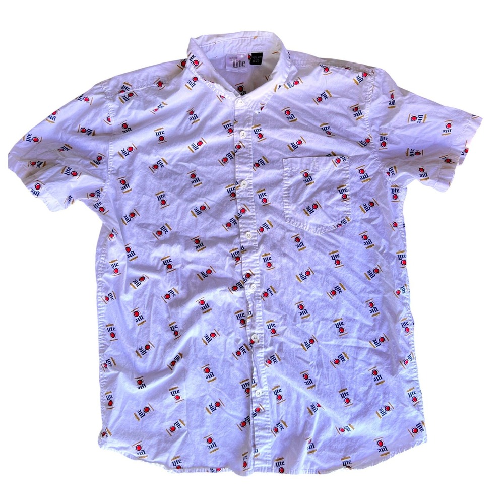 Miller Lite Button Down Shirt Mens XL White Good Beer Logo Print Short Sleeve